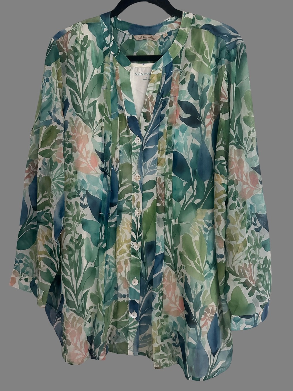 Soft Surroundings Boho Green and Blue Botanical Leaf Print Tunic & white Tank 2X